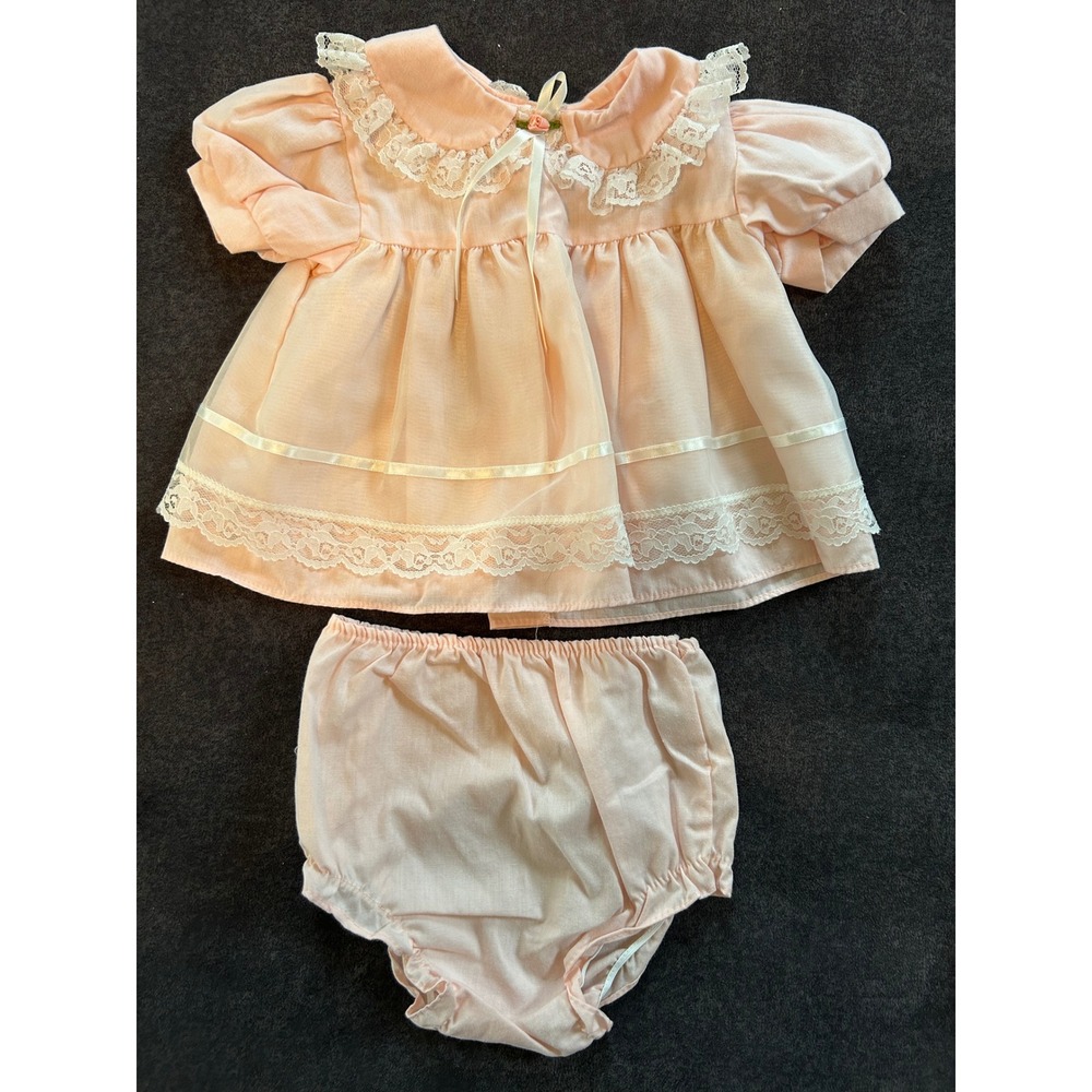 Vintage Allison Ann Baby Girl Pink Lace Dress Bloomers Set 6-9M Made in USA